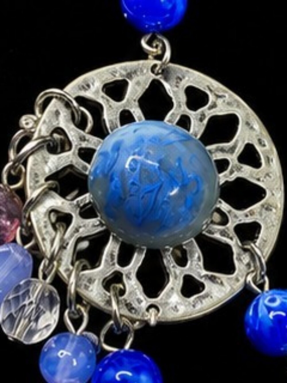 Artisan Boho Statement Necklace Blue Marbled Glass Cabochons Silver Tone Festiva - Picture 5 of 7